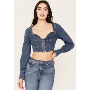 SHYANNE Blue Denim Zip Corset Cropped Top Size M Cowgirl Western